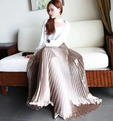 High-Waisted Vintage A- Line Accordion Skirt European Style Pleated Dress Metal Color Wide Hemline Long Dress For Women - Lootquake