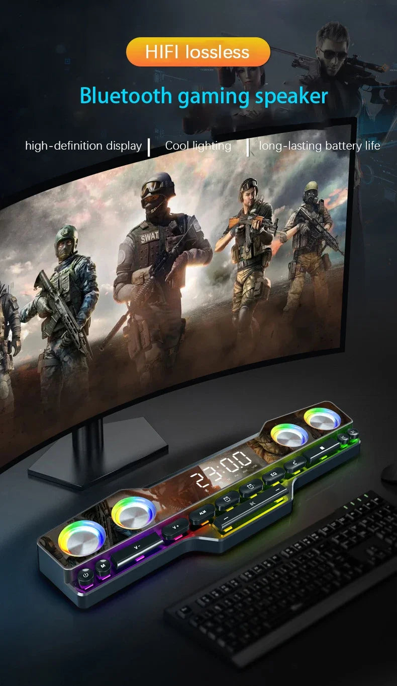 Barre de son sans fil Bluetooth pour jeux vidéo, USB, stéréo 3D, caisson de basses, FM, horloge, barre de son intérieure, haut-parleur pour ordinateur, offre spéciale