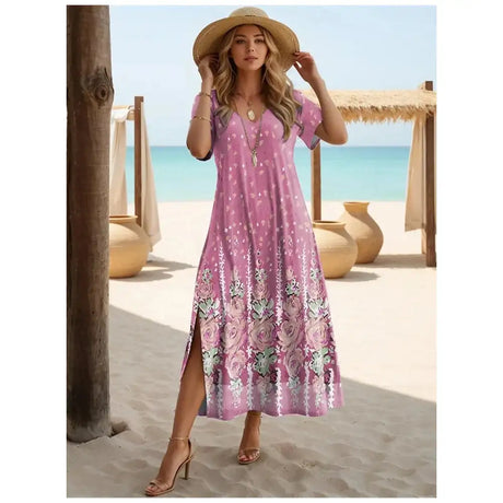 Elegant Dresses For Women Holiday V-Neck Long Dress 3d Vintage Flowers Print Short Sleeve Slit Skirt Summer New Beach Dresses - Lootquake