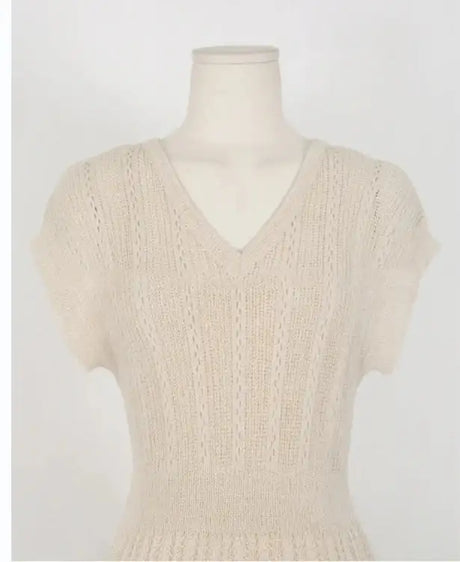 Summer High Quality Korean Simple Hollow Out Vest Knit Sweater Dress Women Japanese Gentle V-Neck Slim Elastic Knit Long Dress - Lootquake