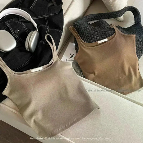Solid All-Match Invisible Integrated Chest Pad Cami 2024 Spring New Korean Women clothes Short Sleeveless Top - Lootquake