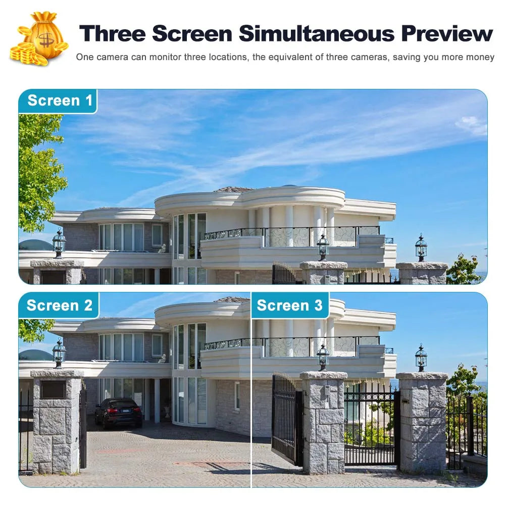 Caméra de surveillance extérieure WiFi 6K 12MP avec suivi de mouvement et zoom PTZ, trois écrans, vue à 360°