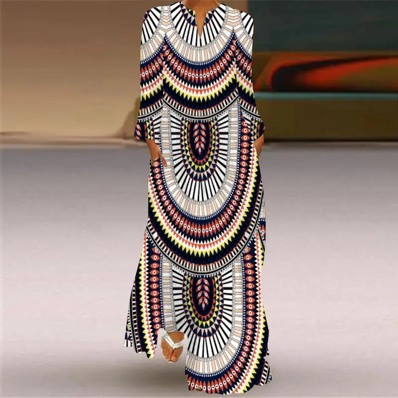 Women Autumn Winter Long Dress Elegant Party Casual V Neck Long Sleeve Vestids Style Loose Stripe Printing Vintage Maxi Dresses - Lootquake