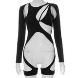 Women Long Sleeve Sexy Bodysuit Top Patchwork Bodycon Club Party Tie Up Body Outfit jumpsuit Basic Black Overalls Casual suits - Lootquake