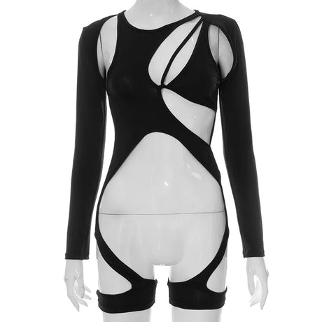 Women Long Sleeve Sexy Bodysuit Top Patchwork Bodycon Club Party Tie Up Body Outfit jumpsuit Basic Black Overalls Casual suits - Lootquake