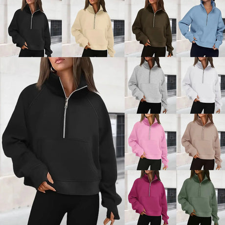 Womens Sweatshirts Half Zip Cropped Pullover Fleece Quarter Zipper Hoodies Fall outfits Clothes Thumb Hole - Lootquake