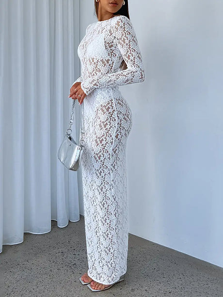 Women s Lace Long Dress Vintage Long Sleeve Round Neck Solid Color Bodycon Dress Party Gown - Lootquake