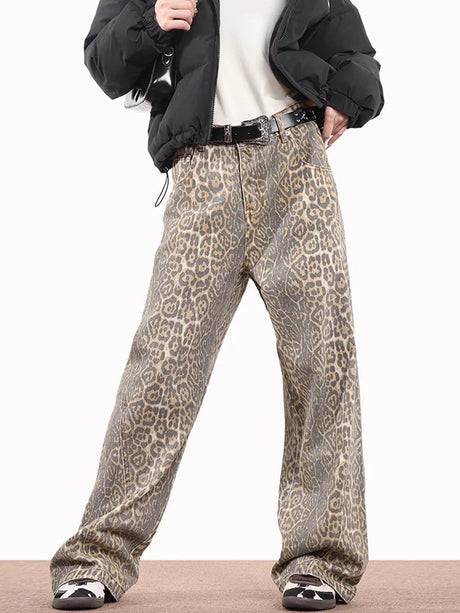 American Style Leopard Wash Jeans Women Y2K Retro Street Hot Girl Loose Casual Pants High Waist Straight Leg Jeans - Lootquake
