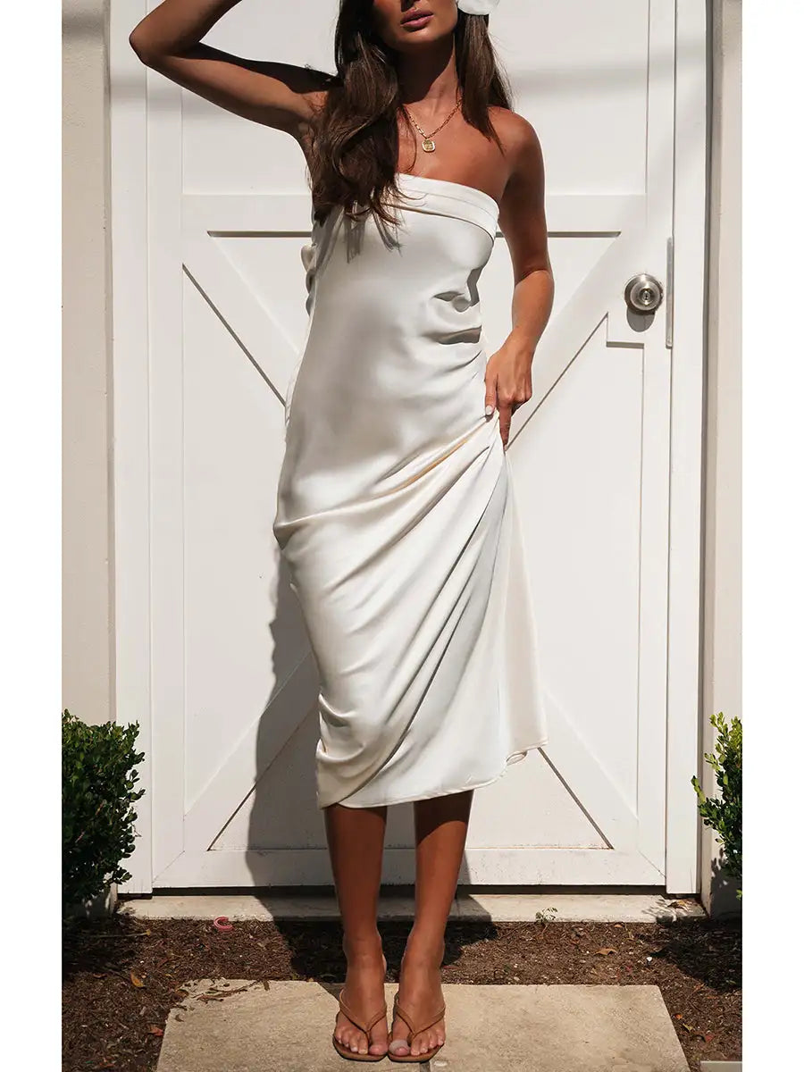 Women Summer Solid Color Party Strapless Dress Sleeveless Backless Elastic Strap Silk Surface Elegant Long Dress - Lootquake