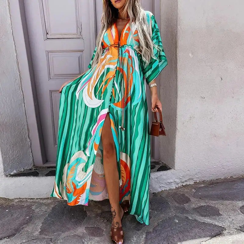 2023 Women Gorgeous Boho Print Maxi Beach Dress Summer Deep V Slit Elastic Waist Party Dress Elegant Holiday Long Dress Vestidos - Lootquake