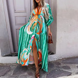 2023 Women Gorgeous Boho Print Maxi Beach Dress Summer Deep V Slit Elastic Waist Party Dress Elegant Holiday Long Dress Vestidos - Lootquake