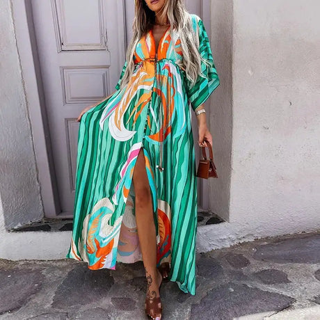 2023 Women Gorgeous Boho Print Maxi Beach Dress Summer Deep V Slit Elastic Waist Party Dress Elegant Holiday Long Dress Vestidos - Lootquake
