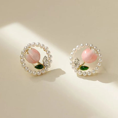 Kiss Jewelry Cute Sweet Flower Round Shape Pearl Rhinestone Stud Earrings for Women Tulip Floral Korean Fashion Earring Gift - Lootquake