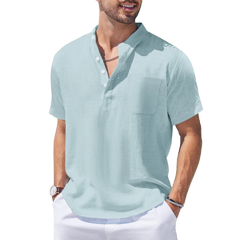 New Mens Henley Short Sleeve Casual Shirt Summer Cotton Shirts Beach Shirts Banded Collar Tshirts lightweight Shirts with Pocket - Lootquake