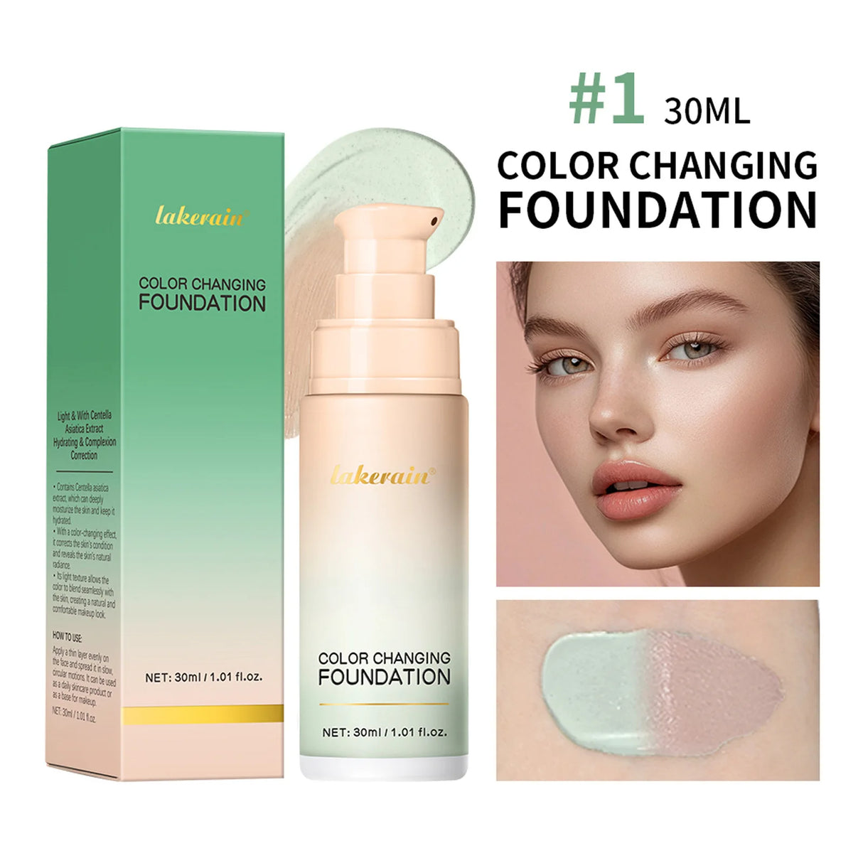 Base de maquillaje Lakerain que cambia de color CC Cream, base de maquillaje facial resistente al agua, base líquida, corrector impecable de larga duración.