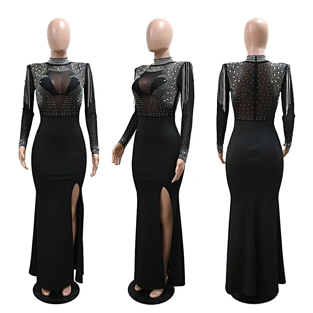 CM.YAYA Vestido largo de sirena con diamantes de imitación y manga larga transparente para mujer, de malla transparente, sexy, para fiesta de noche o otoño