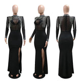 CM.YAYA Vestido largo de sirena con diamantes de imitación y manga larga transparente para mujer, de malla transparente, sexy, para fiesta de noche o otoño