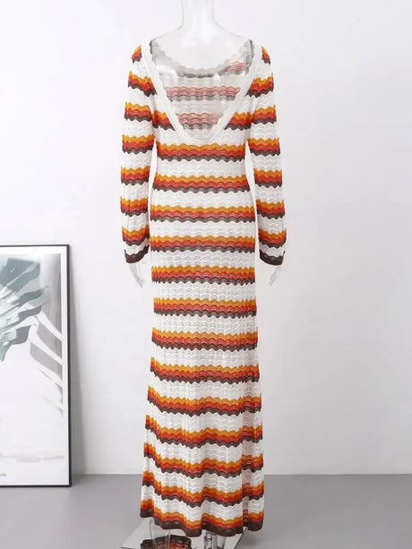 Striped Knitted Long Dress Women O-neck Backless Hollowed Out Long Sleeves Lady Bodycon Dress 2024 Spring Summer Vacation Robe - Lootquake