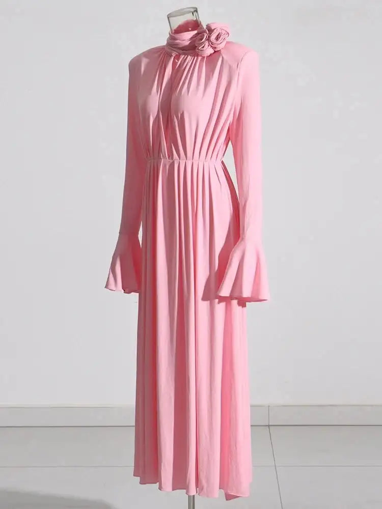 Solid Patchwork Appliques Dresses For Women Half High Collar Flare Sleeve High Waist Elegant Long Dress Female Fashion New - Lootquake