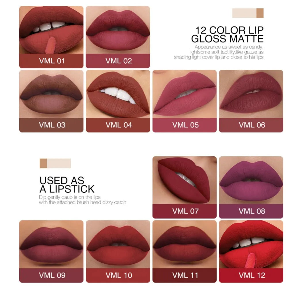 O.TWO.O 12 colores Lápiz labial mate aterciopelado de alta calidad Maquillaje de labios de larga duración Resistente al agua Fácil de usar Brillo labial líquido mate