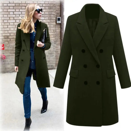 Autumn Winter Women's Woolen Jacket Long Windbreaker Double Breasted Slim Fit Coat - Lootquake