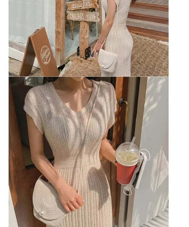 Summer High Quality Korean Simple Hollow Out Vest Knit Sweater Dress Women Japanese Gentle V-Neck Slim Elastic Knit Long Dress - Lootquake