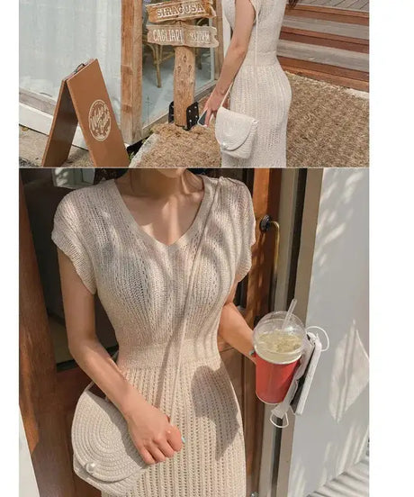 Summer High Quality Korean Simple Hollow Out Vest Knit Sweater Dress Women Japanese Gentle V-Neck Slim Elastic Knit Long Dress - Lootquake