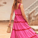 Spaghetti Strap Wave Striped Long Dress Women Square Neck Chic Contrast Sleeveless Beach Dress Flowy Large Swing Maxi Dress - Lootquake