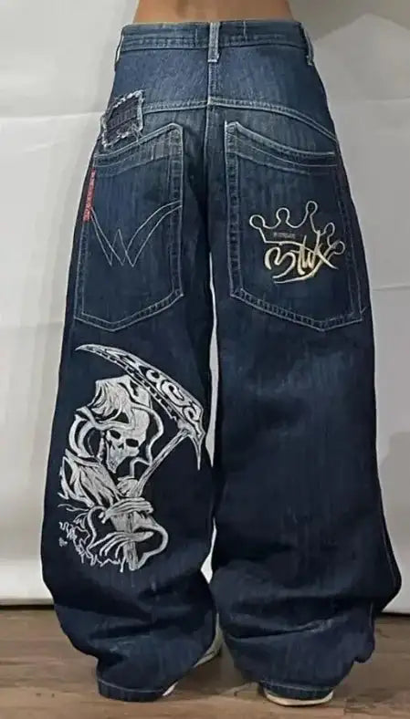 Y2K Pocket Fashion Embroidery Street Harajuku Gothic Retro High Waisted Loose Casual Jeans American Hip-hop Wide Leg Pants - Lootquake