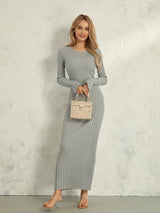 Women Spring Autumn Lace-up Knit Dress Elegant Long Sleeve Crew Neck Ribbed Solid Color Long Dress Streetwear - Lootquake