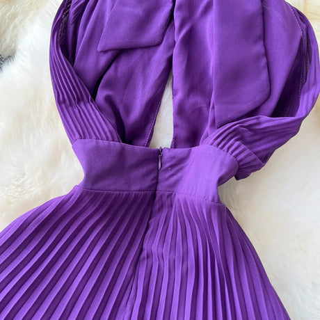 SINGREINY Sexy Halter Pleated Dress Women Summer Hollow Out Cross Lace Up Zipper Design Sleeveless Backless Elegant Long Dress - Lootquake