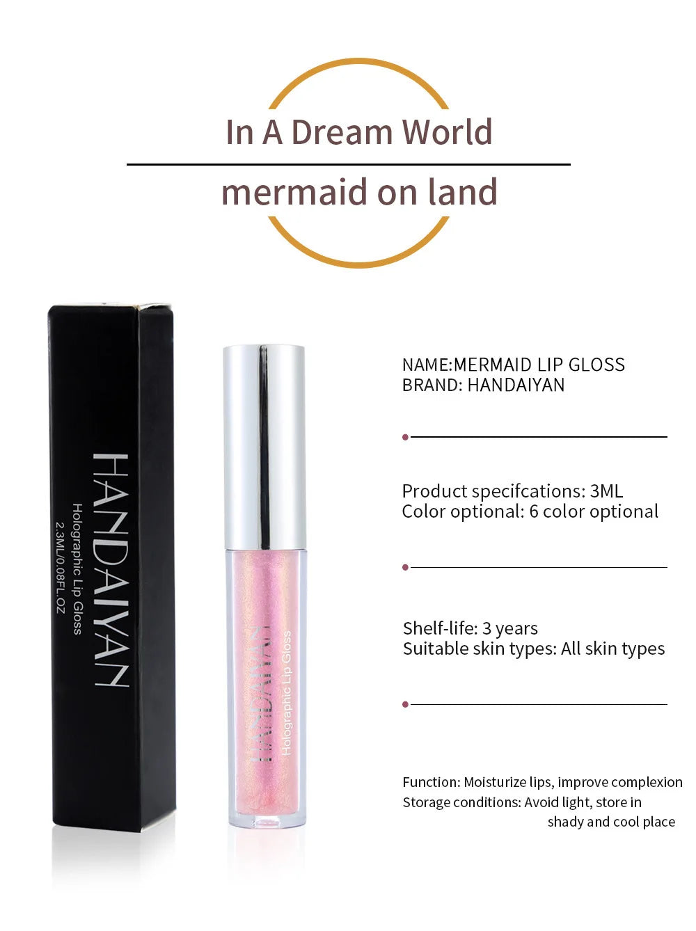 HANDAIYAN Best Seller Glitter Lip Gloss 6colors Moisturizing Mermaid Lip Glaze Waterproof Long Lasting Liquid Lip Stick