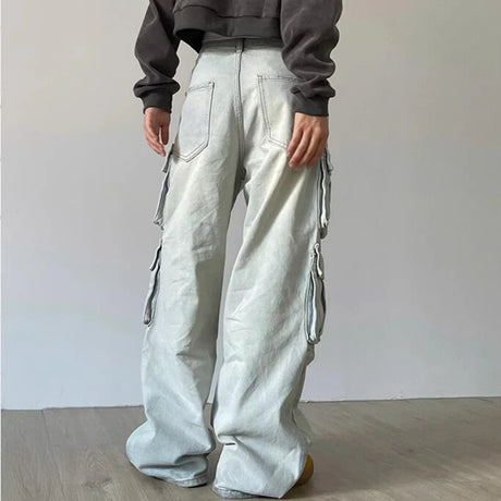 Autumn Winter New Ladies Cargo Jeans American Street Style Baggy Cargo Pants Women Blue Multi-pocket Wide Leg Jeans for Women - Lootquake