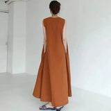 2022 Minimalist Chic Loose Swing Sleeveless Mid-length Casual Cotton Linen Long Dress  Round Neck High Waist Women Runway Dress - Lootquake