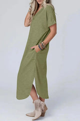 Summer New Women Elegant Solid Color Dress Short Sleeve V-Neck Cotton Linen Comfortable Loose Pocket Ladies Long Dress Vestidos - Lootquake