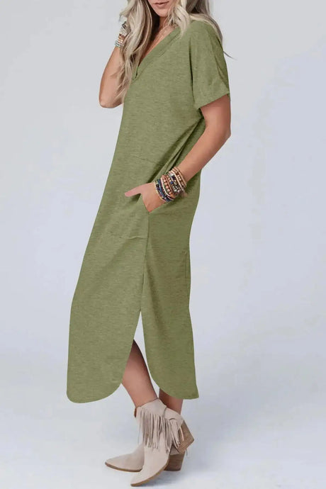 Summer New Women Elegant Solid Color Dress Short Sleeve V-Neck Cotton Linen Comfortable Loose Pocket Ladies Long Dress Vestidos - Lootquake