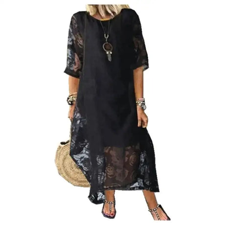 Women's Summer Round Neck Short Sleeve Lace Long Dress Vintage Handmade Hollow Flower Dress Lace Loose Casual Long Dress - Lootquake