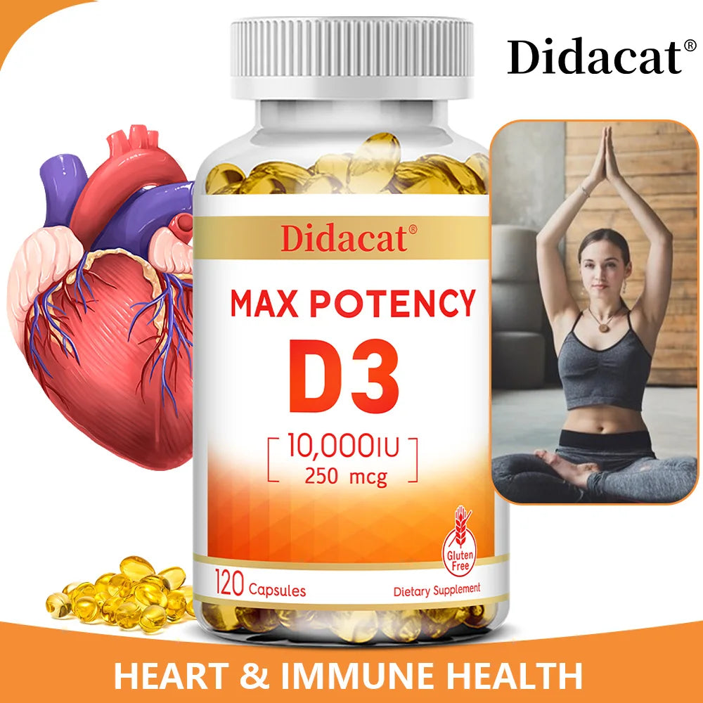 Vitamina D3 10.000 UI - Huesos fuertes, corazón y refuerzo inmunitario - Suplemento sin OMG ni gluten
