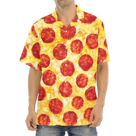 3D Print Pepperoni Pizza Graphic Aloha Shirts For Men Short Sleeve Oversized Beach Hawaii Shirts Mens Button Up Tee Shirt Tops - Lootquake
