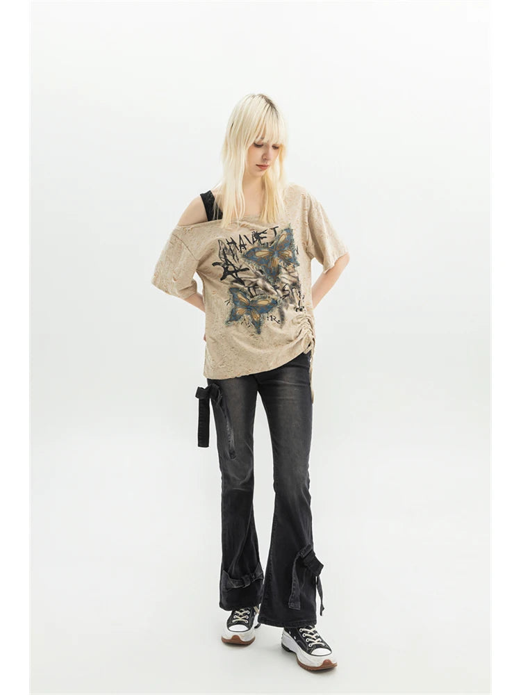 Women's Black Gothic Bow Flare Jeans Harajuku Aesthetic Y2k Denim Trousers High Waist Cowboy Pants Vintage 2000s Trashy Clothes - Lootquake