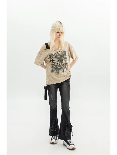 Women's Black Gothic Bow Flare Jeans Harajuku Aesthetic Y2k Denim Trousers High Waist Cowboy Pants Vintage 2000s Trashy Clothes - Lootquake