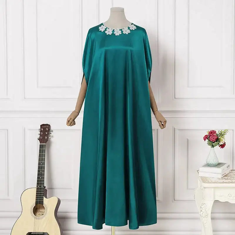 VONDA 2024 Elegant Women Satin Long Dress Autumn Maxi Sundress Elegant O-Neck 3/4 Bat Sleeve Casual Vestido Party Robe Oversize - Lootquake