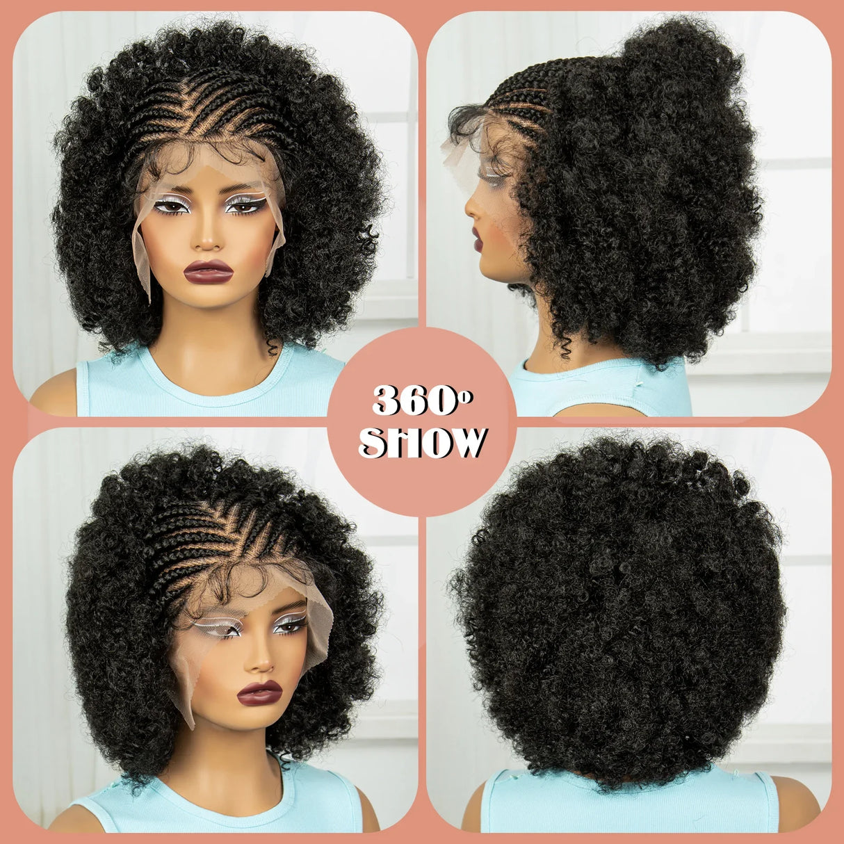 8" Short Afro Kinky Curly Cornrow Braids Wig | Full Lace | Baby Hair