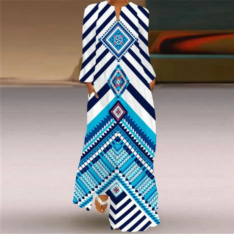 Women Autumn Winter Long Dress Elegant Party Casual V Neck Long Sleeve Vestids Style Loose Stripe Printing Vintage Maxi Dresses - Lootquake