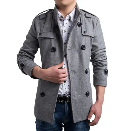 Men Slim Fit Woolen Coats Solid Color Male Casual Long Sleeve Outerwear Autumn Winter Double Breasted Mid Length Windbreaker - Lootquake