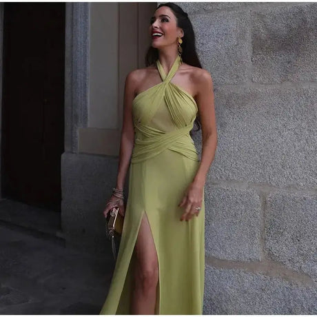 Hanging Neck Strap Split Long Dress Women Wrap Chest Backless High Waisted Slim Fit Robes Summer Chic Female Streetwear Vestido - Lootquake