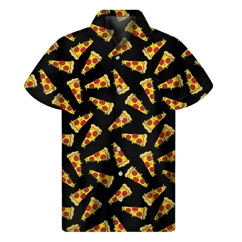 3D Print Pepperoni Pizza Graphic Aloha Shirts For Men Short Sleeve Oversized Beach Hawaii Shirts Mens Button Up Tee Shirt Tops - Lootquake