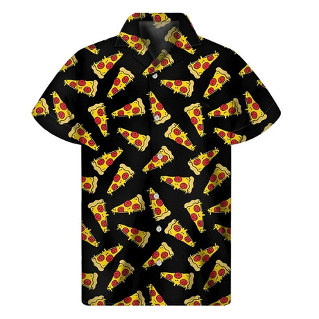3D Print Pepperoni Pizza Graphic Aloha Shirts For Men Short Sleeve Oversized Beach Hawaii Shirts Mens Button Up Tee Shirt Tops - Lootquake