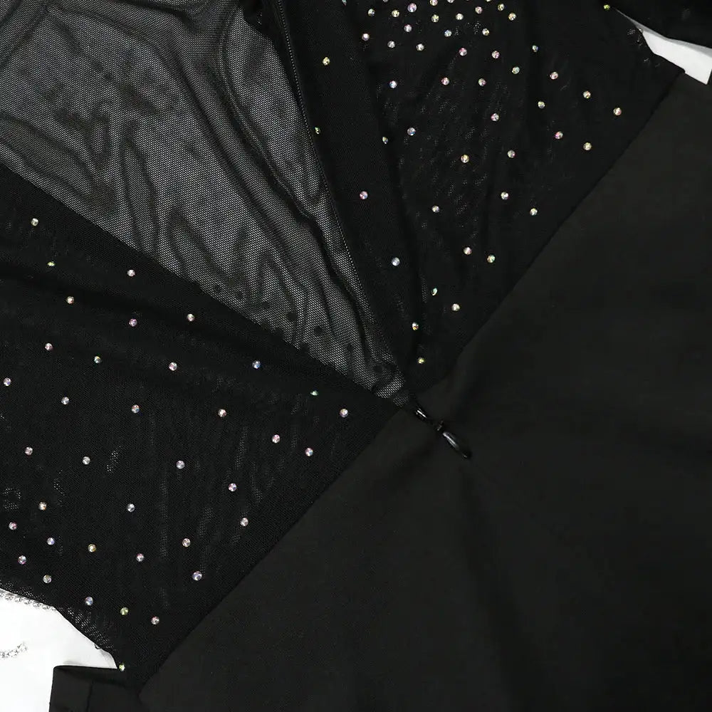 CM.YAYA Vestido largo de sirena con diamantes de imitación y manga larga transparente para mujer, de malla transparente, sexy, para fiesta de noche o otoño