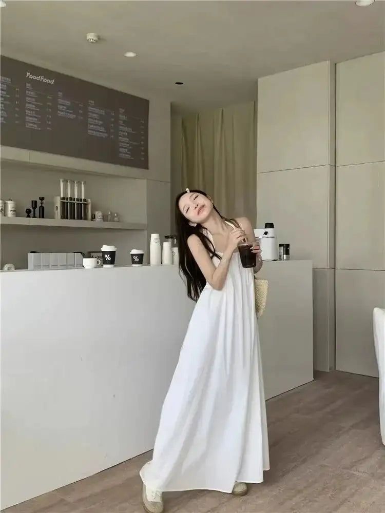 Vestido de vacaciones de verano estilo tailandés con espalda abierta, cuello halter, antiedad, para fotografía, playa, largo, con cinturón